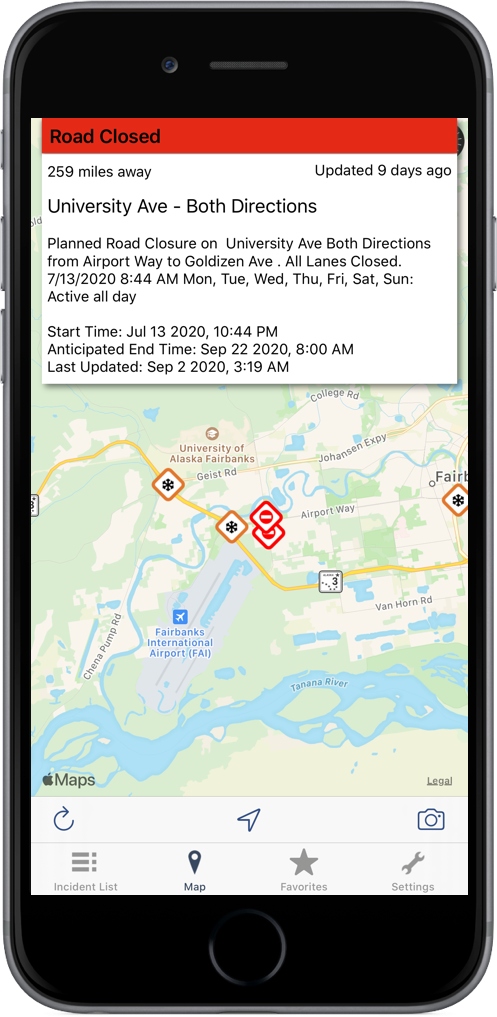 Arizona Roads Traffic App on an iPhone